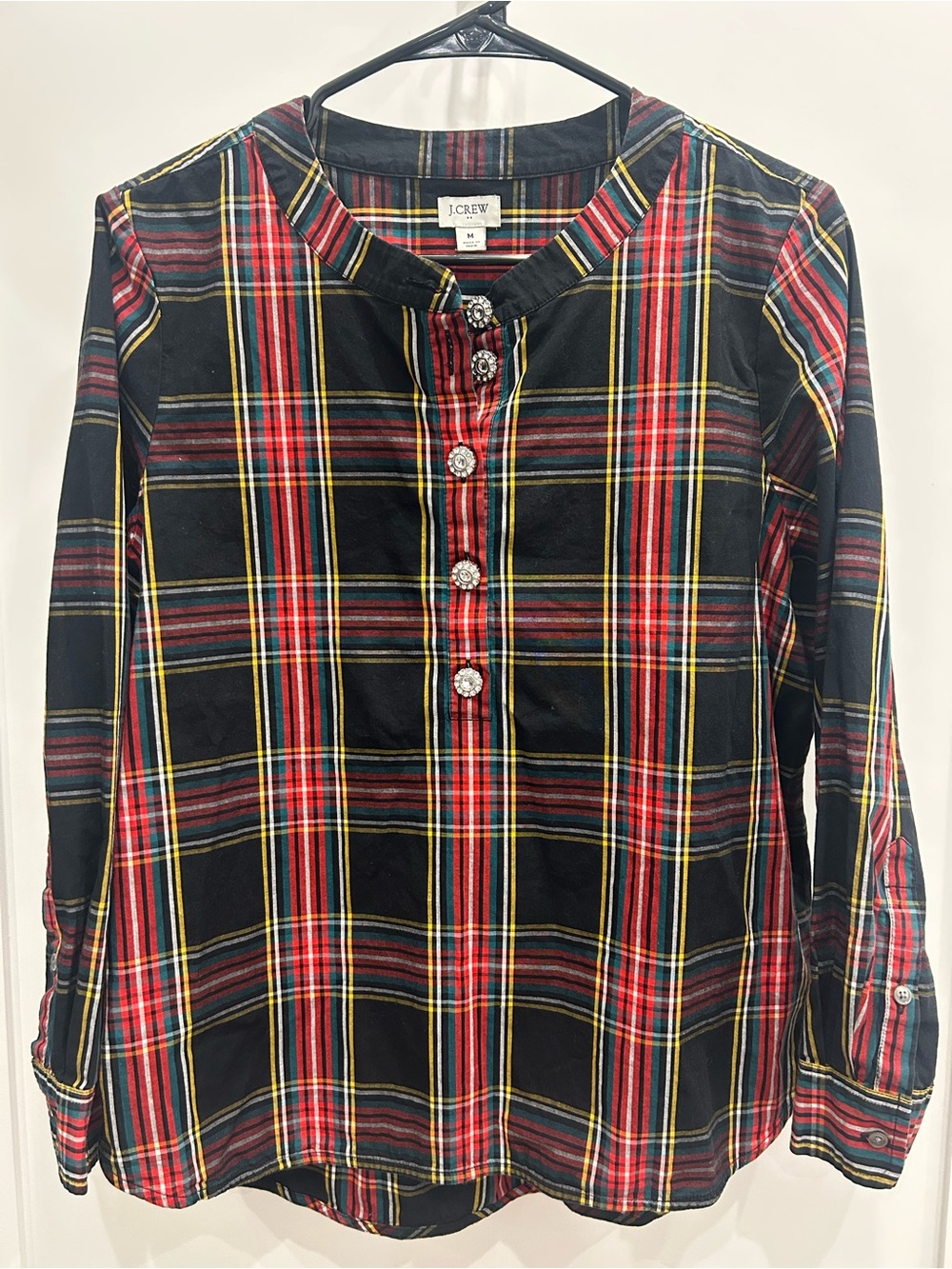 J. Crew Black Red Yellow Plaid Henley Top